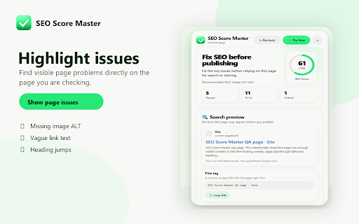 SEO Score Master :: ✅ Audit any page in one click. Get SEO score, search preview, page highlights, and copy-ready fixes without leaving the page.