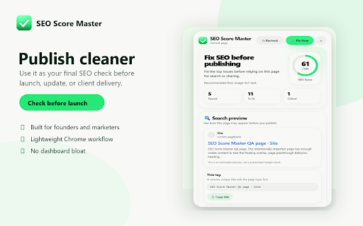SEO Score Master :: ✅ Audit any page in one click. Get SEO score, search preview, page highlights, and copy-ready fixes without leaving the page.